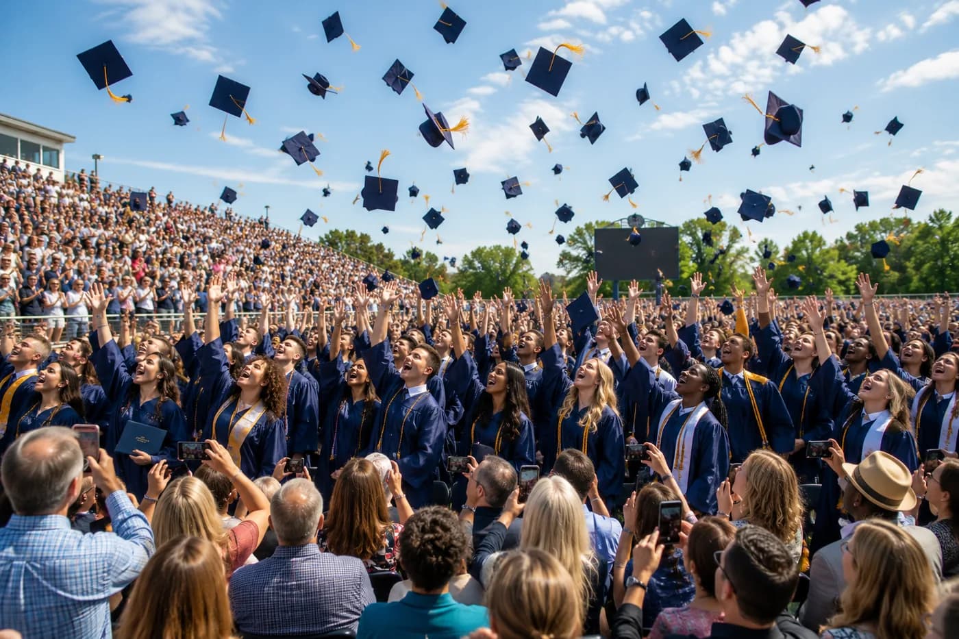 Graduates throwing their caps at commencement