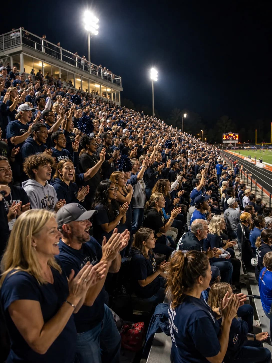 Fans cheering in the stands under the lights at a night game