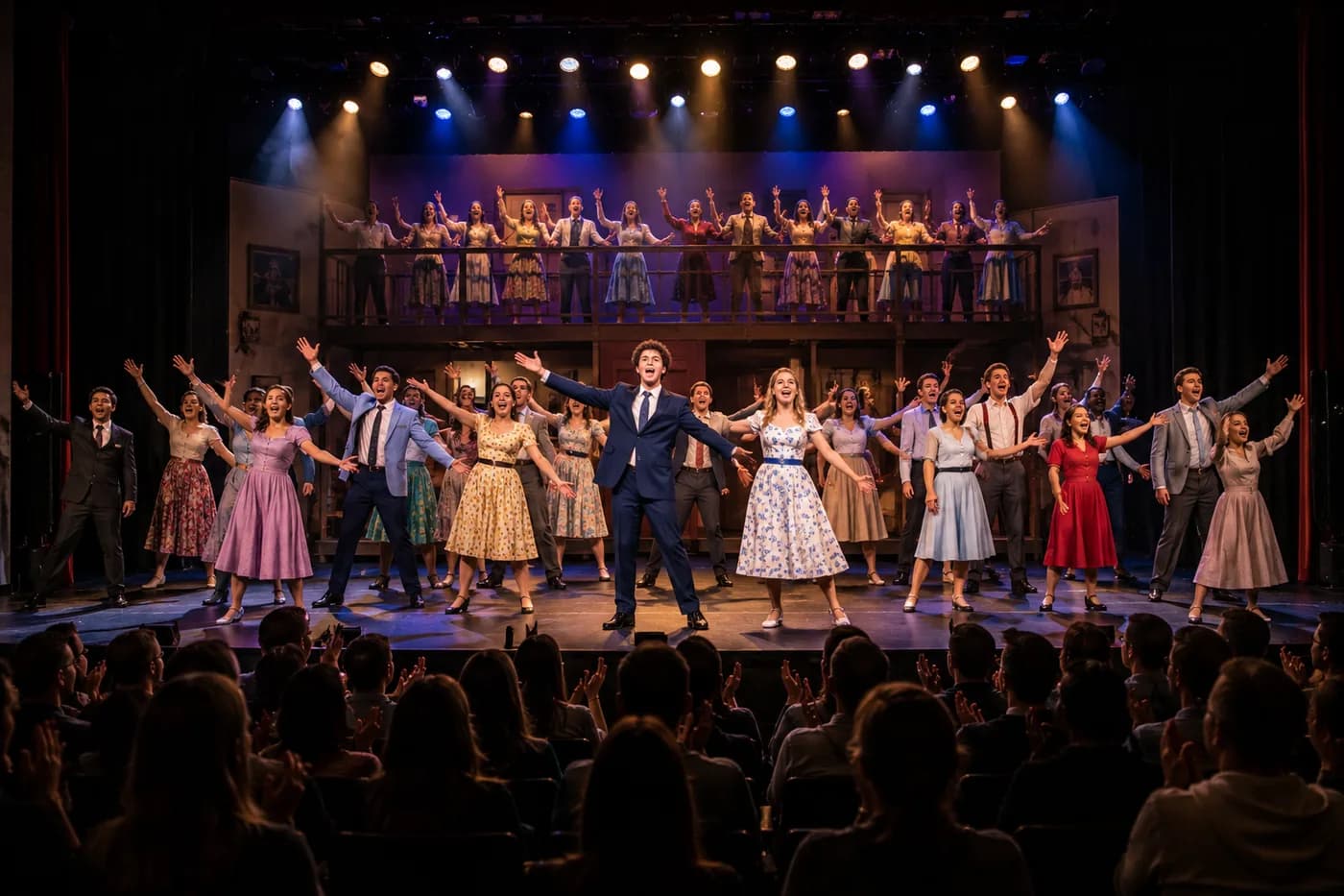 Students performing a musical on stage